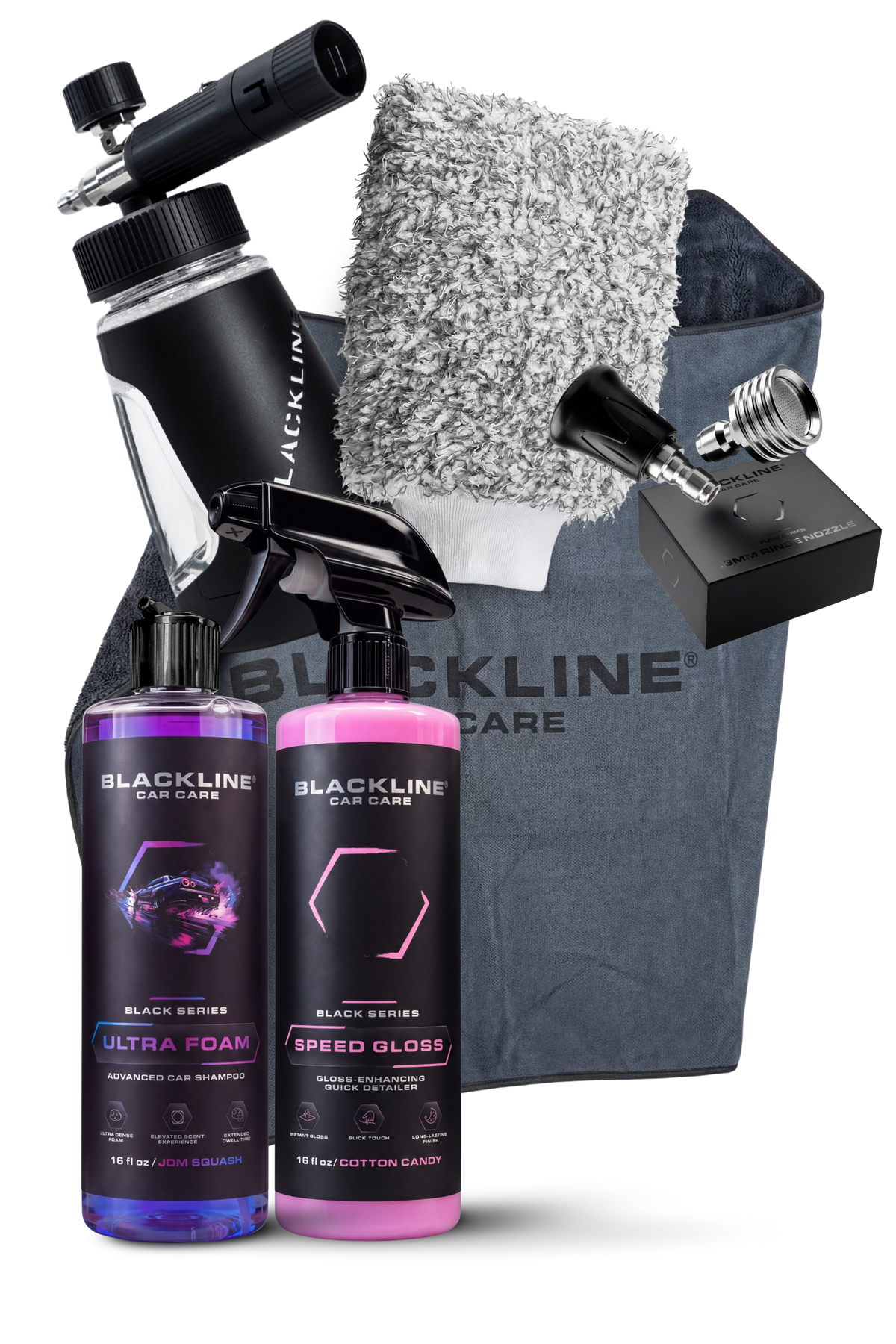 Blackline Ultra Series Foam Cannon in action, spraying thick foam suds across a vehicle body panel.