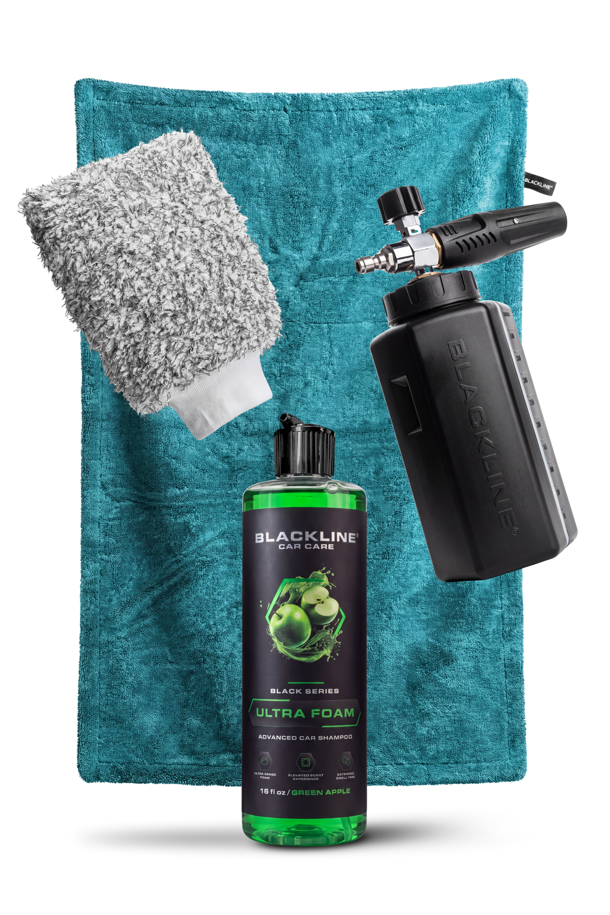 Blackline Wash Kit in Aqua — teal-blue car wash bucket, mitt, and soap bundle