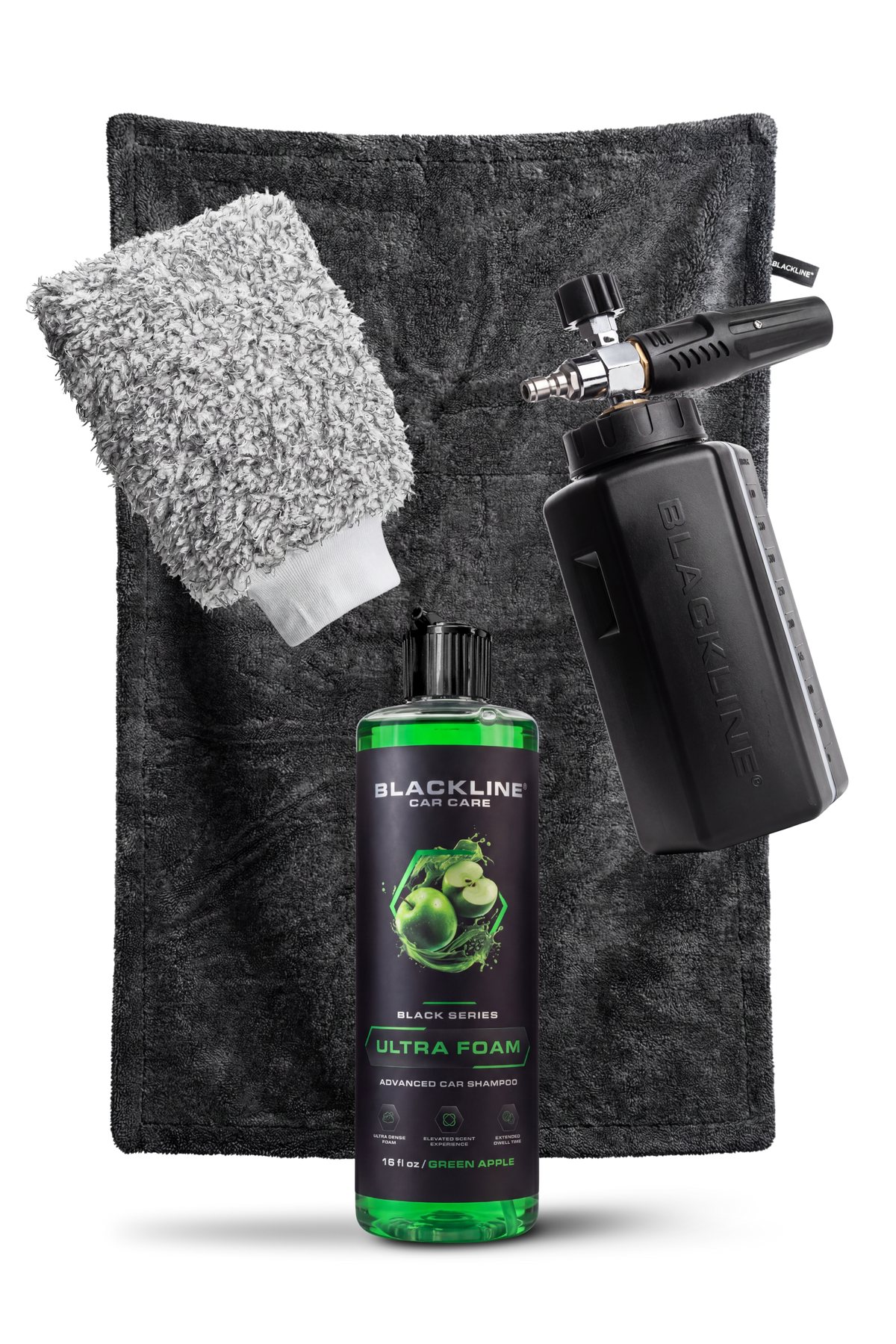 Blackline Wash Kit in Carbon — dark black car wash bucket, mitt, and soap bundle