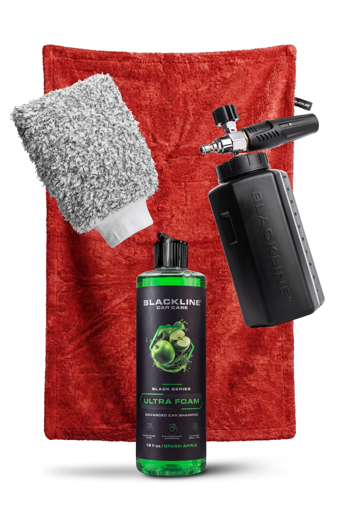 Blackline Wash Kit in Crimson — deep red car wash bucket, mitt, and soap bundle