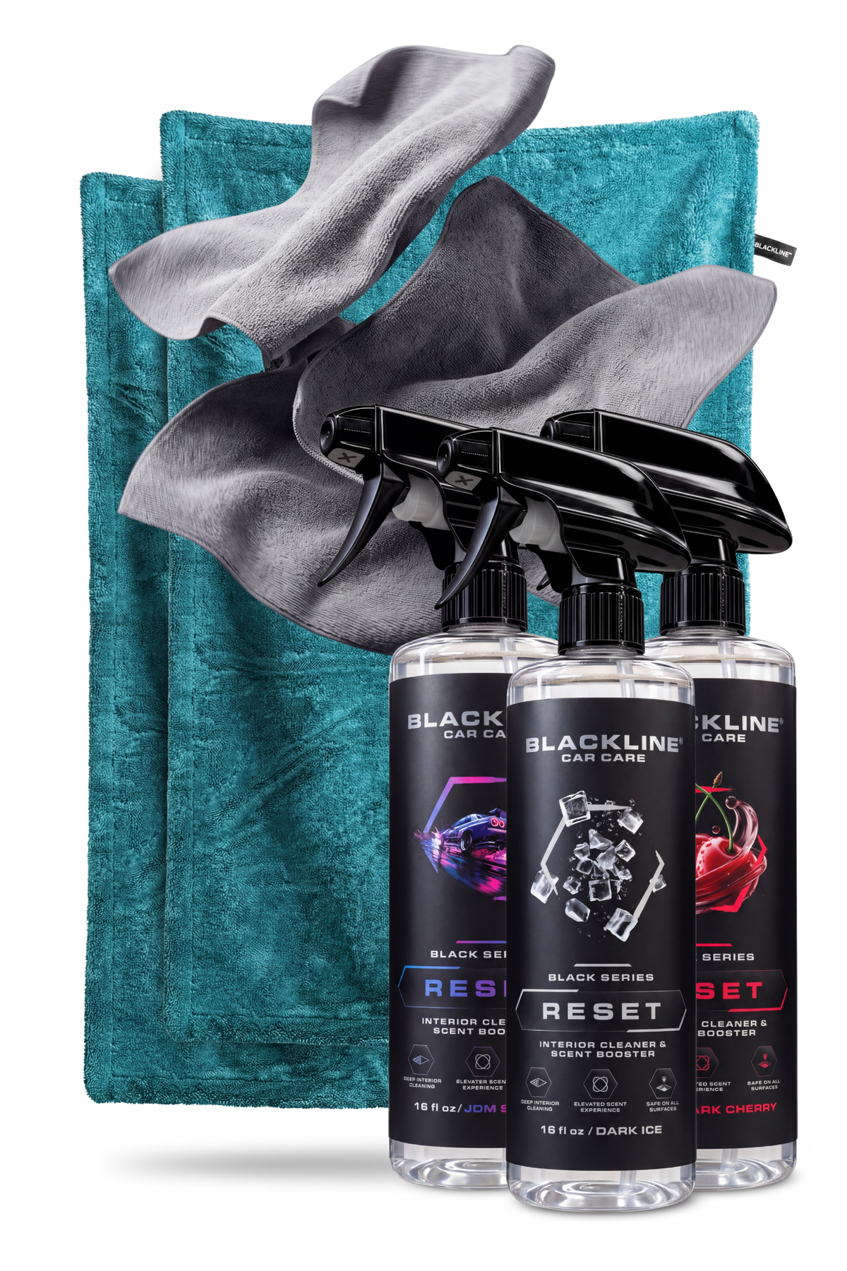 Blackline Aqua drying towel and Bold Reset interior cleaner bundle on dark background