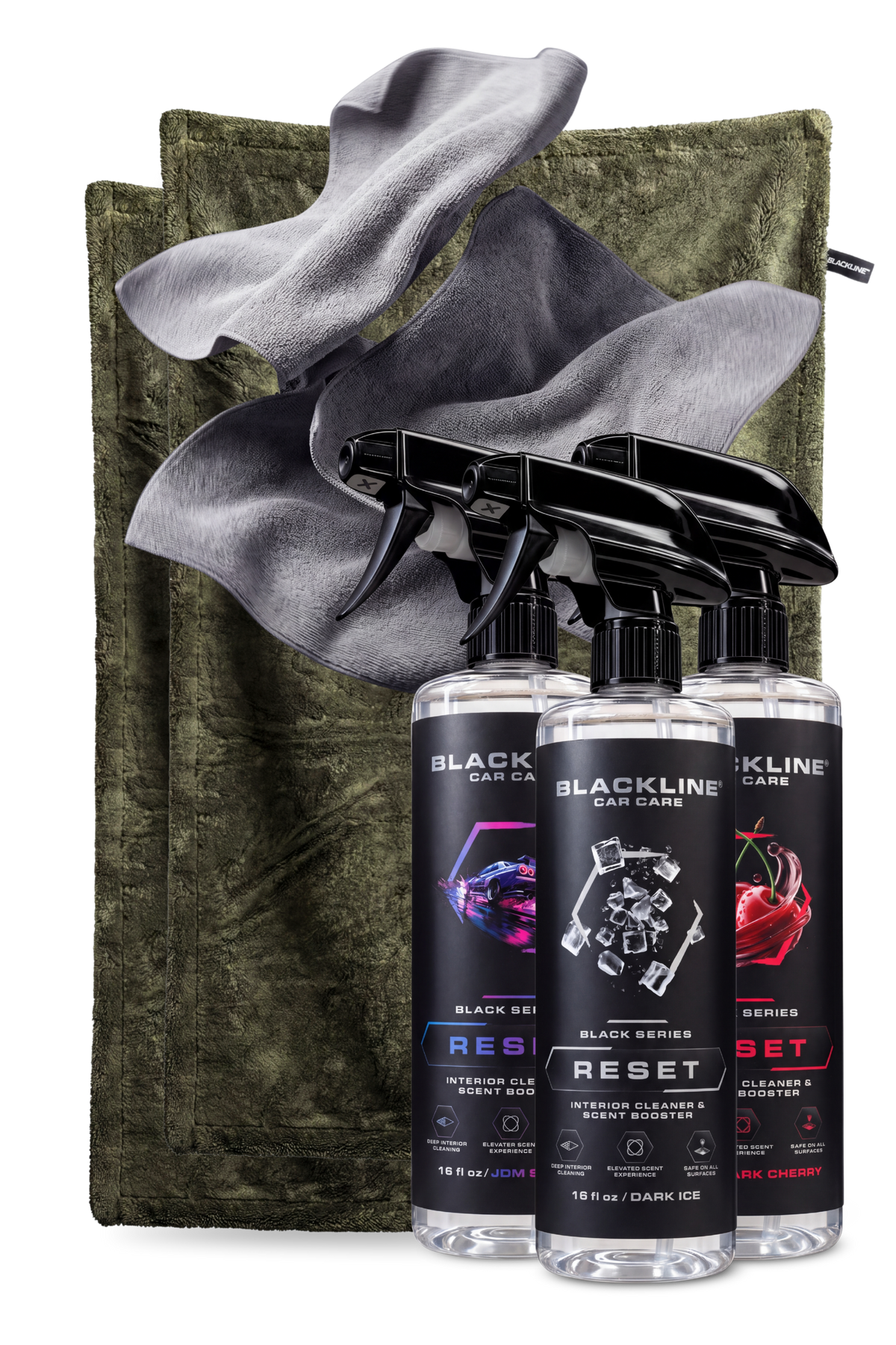 Blackline Army drying towel and Bold Reset interior cleaner bundle on dark background