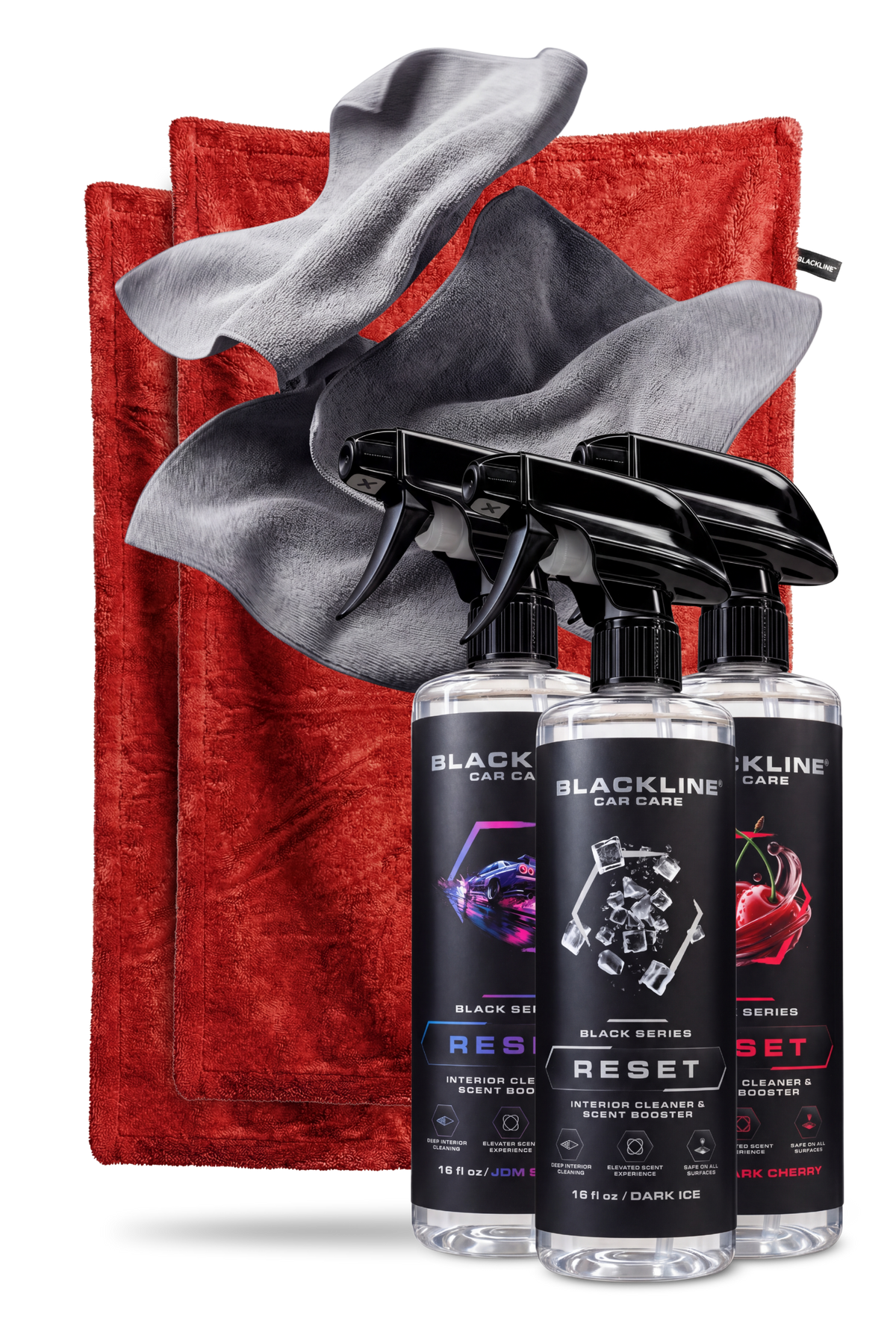 Blackline Crimson drying towel and Bold Reset interior cleaner bundle on dark background
