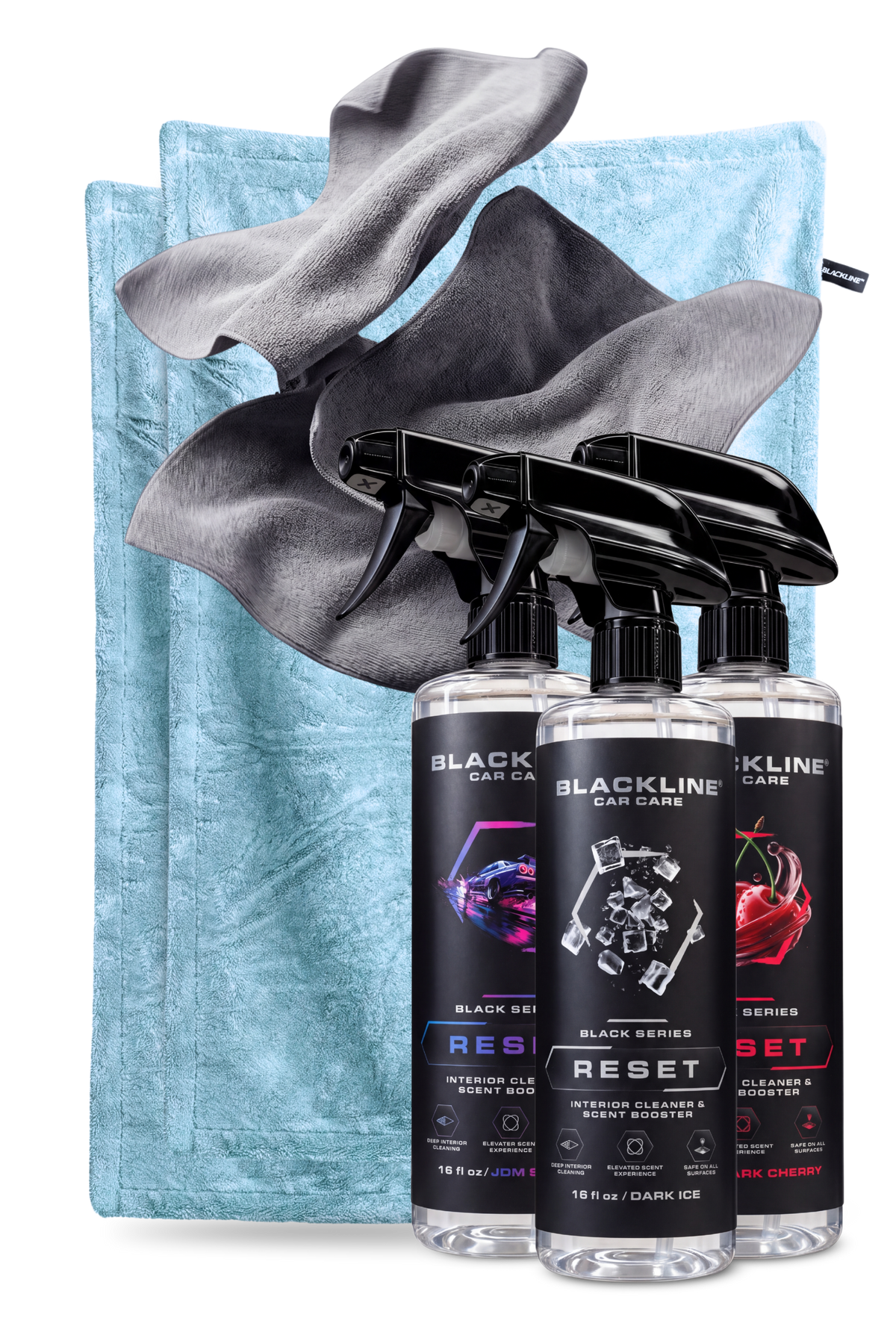 Blackline Glacier drying towel and Bold Reset interior cleaner bundle on dark background
