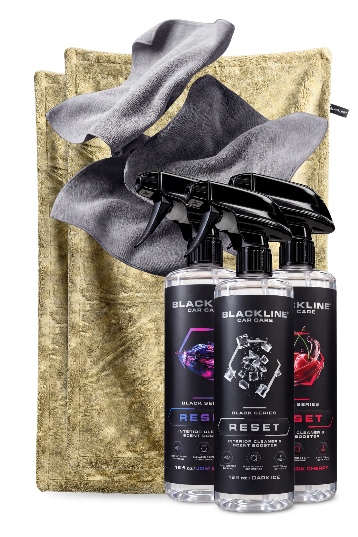 Blackline Sand drying towel and Bold Reset interior cleaner bundle on dark background