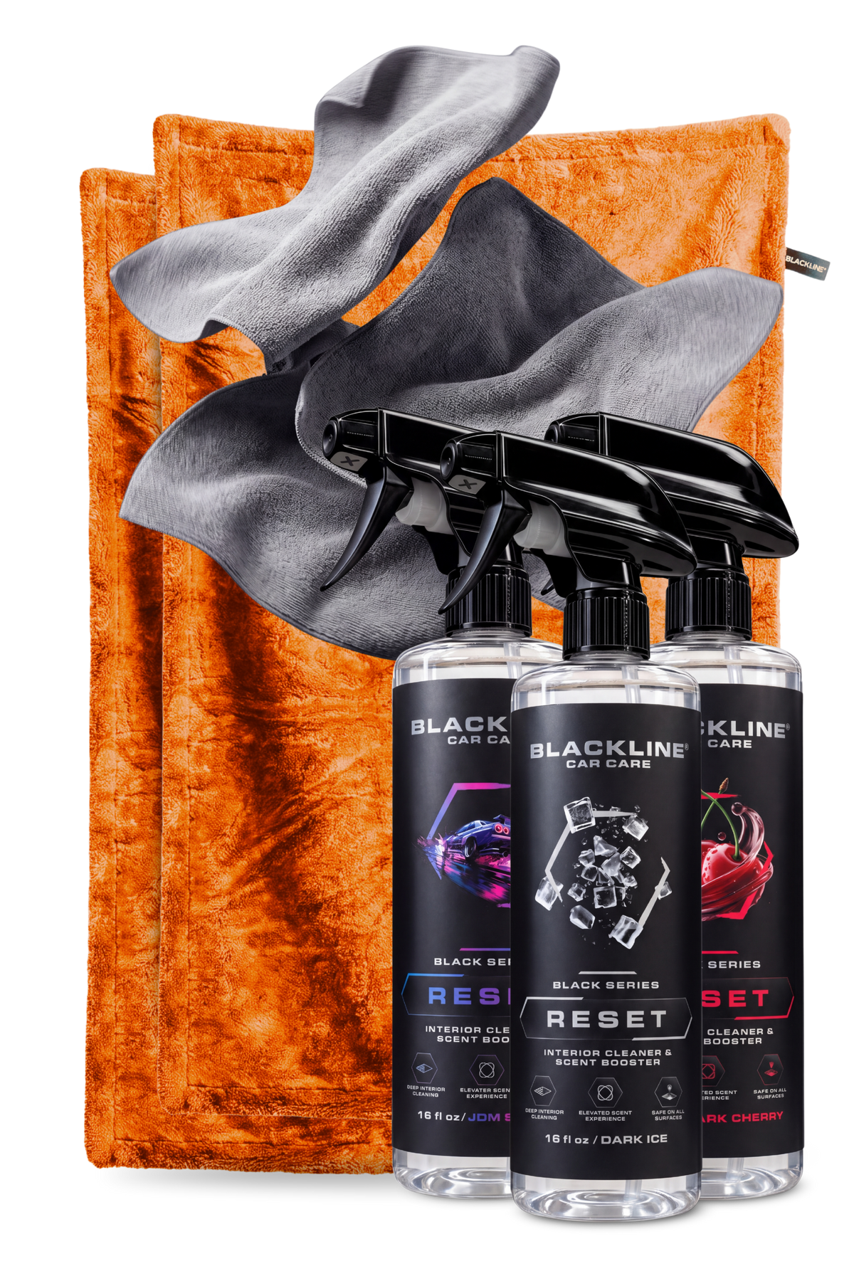 Blackline Velocity drying towel and Bold Reset interior cleaner bundle on dark background