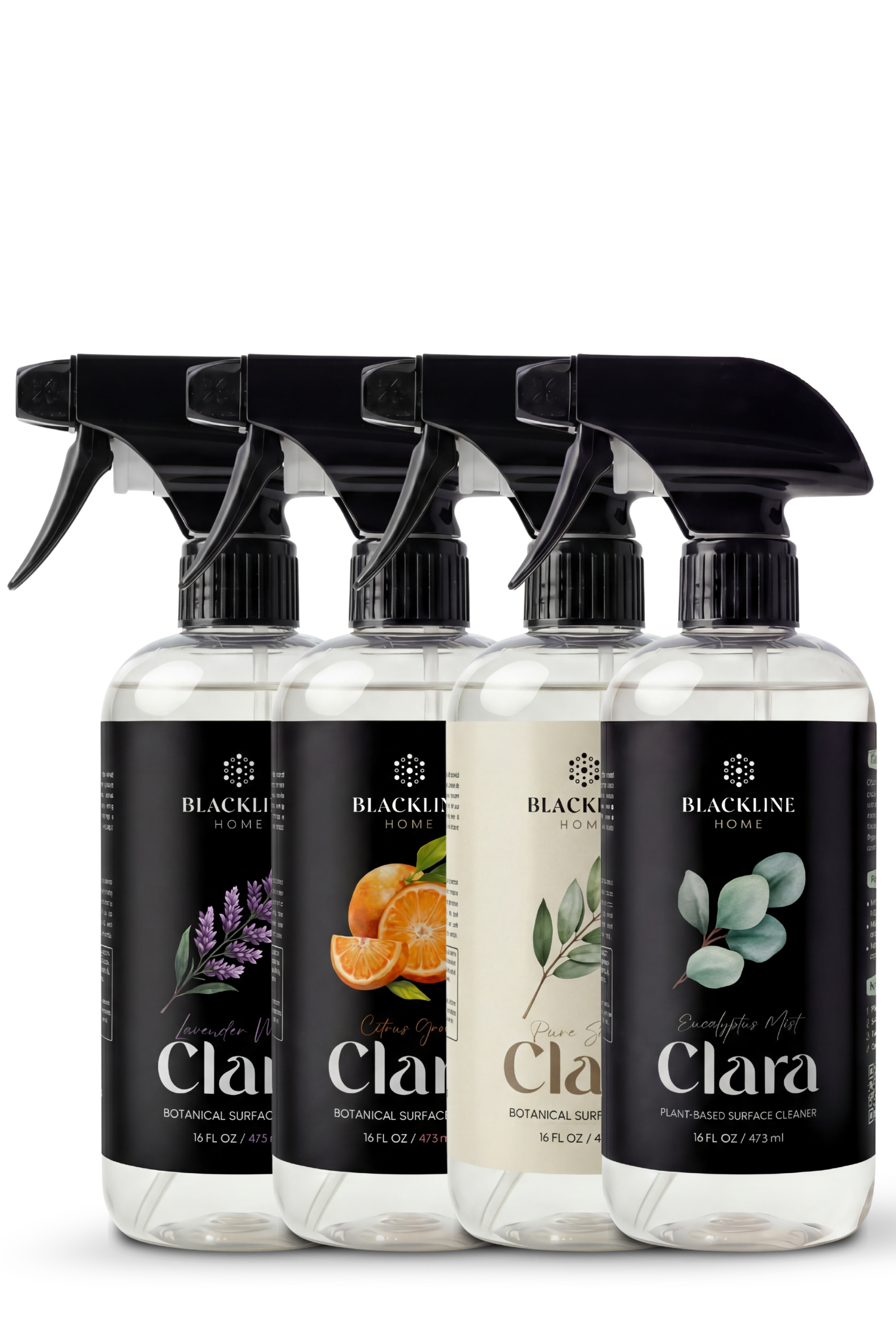 Blackline Home Clara plant-based surface cleaner, portrait format product shot of the 16oz spray bottle.