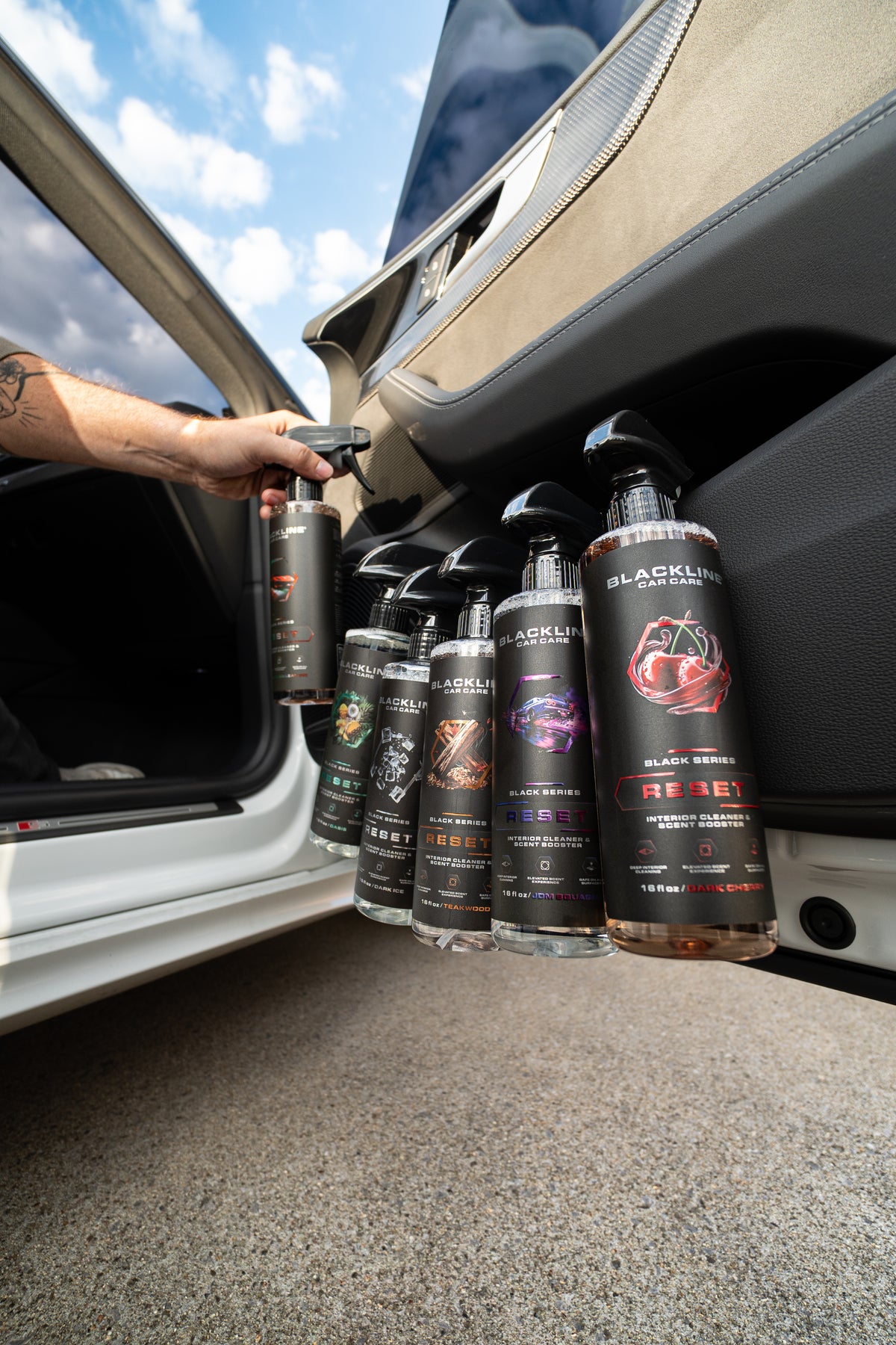 Blackline Reset interior cleaner Vibes bundle lifestyle shot on dark background