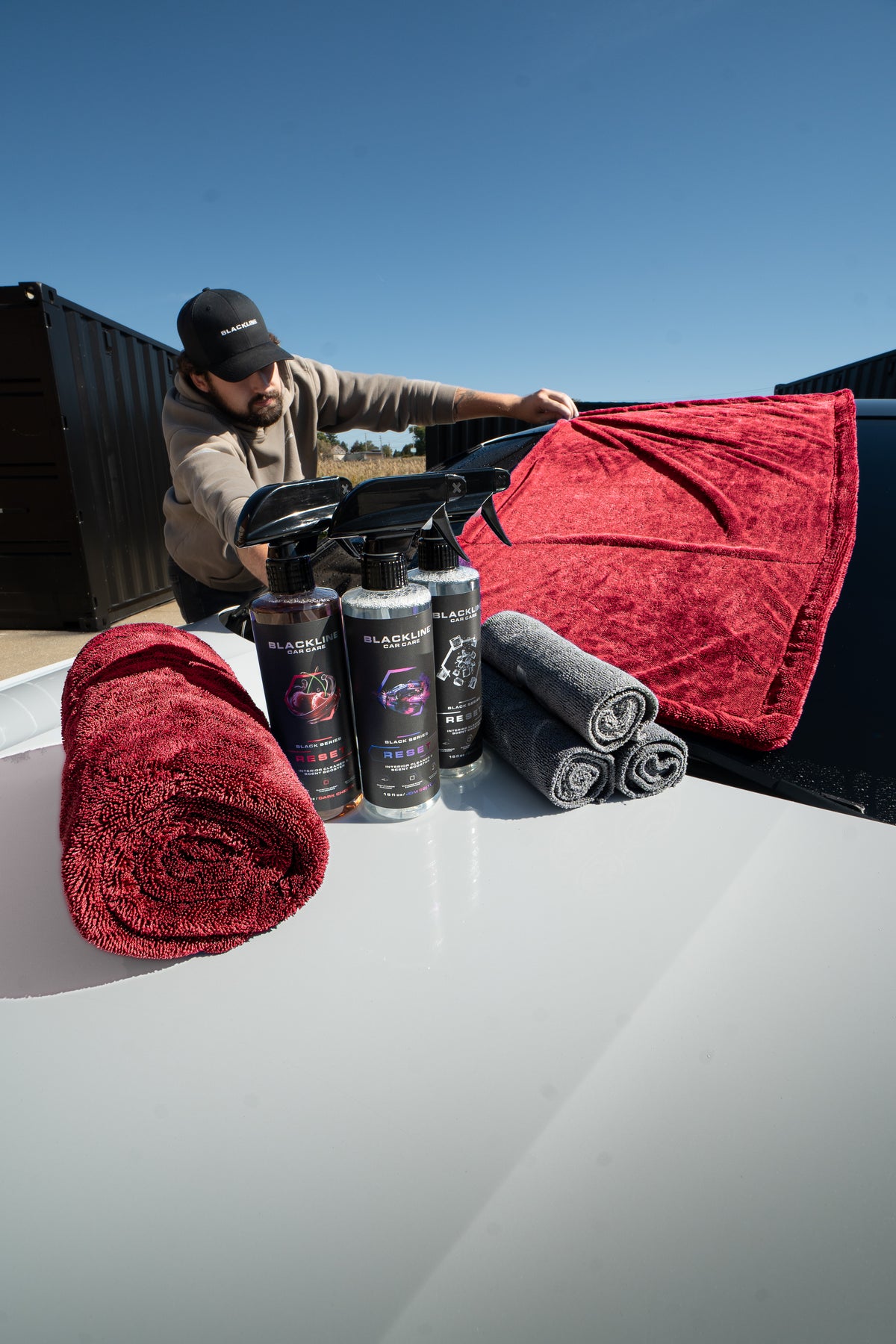 Blackline twisted-loop drying towel being used to dry a car exterior panel