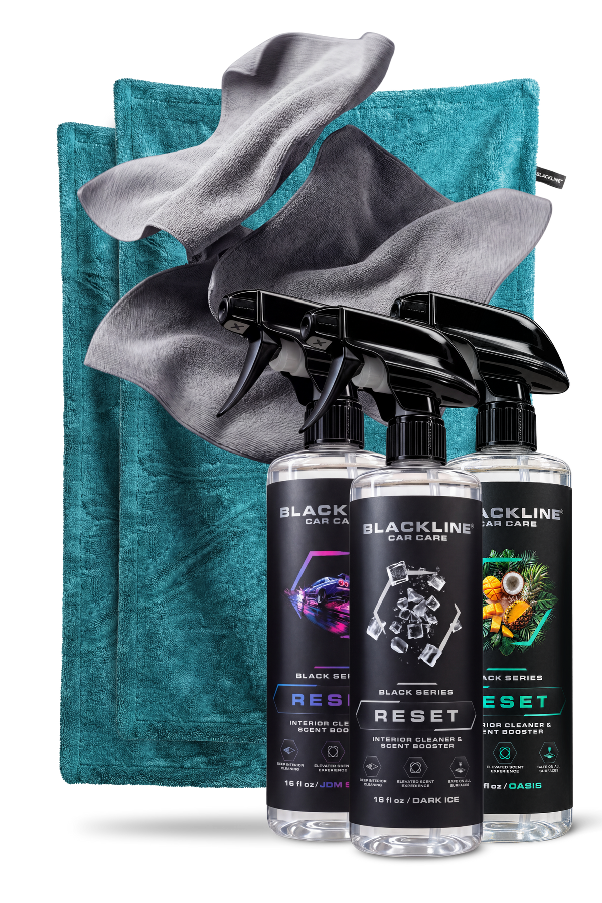 Blackline Aqua drying towel and Fresh Reset interior cleaner bundle on dark background
