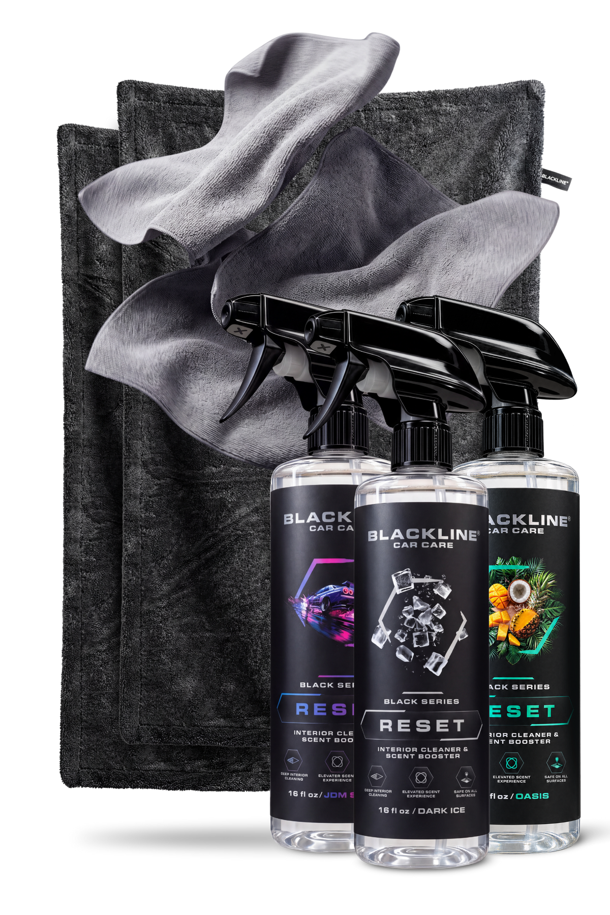 Blackline Carbon drying towel and Fresh Reset interior cleaner bundle on dark background