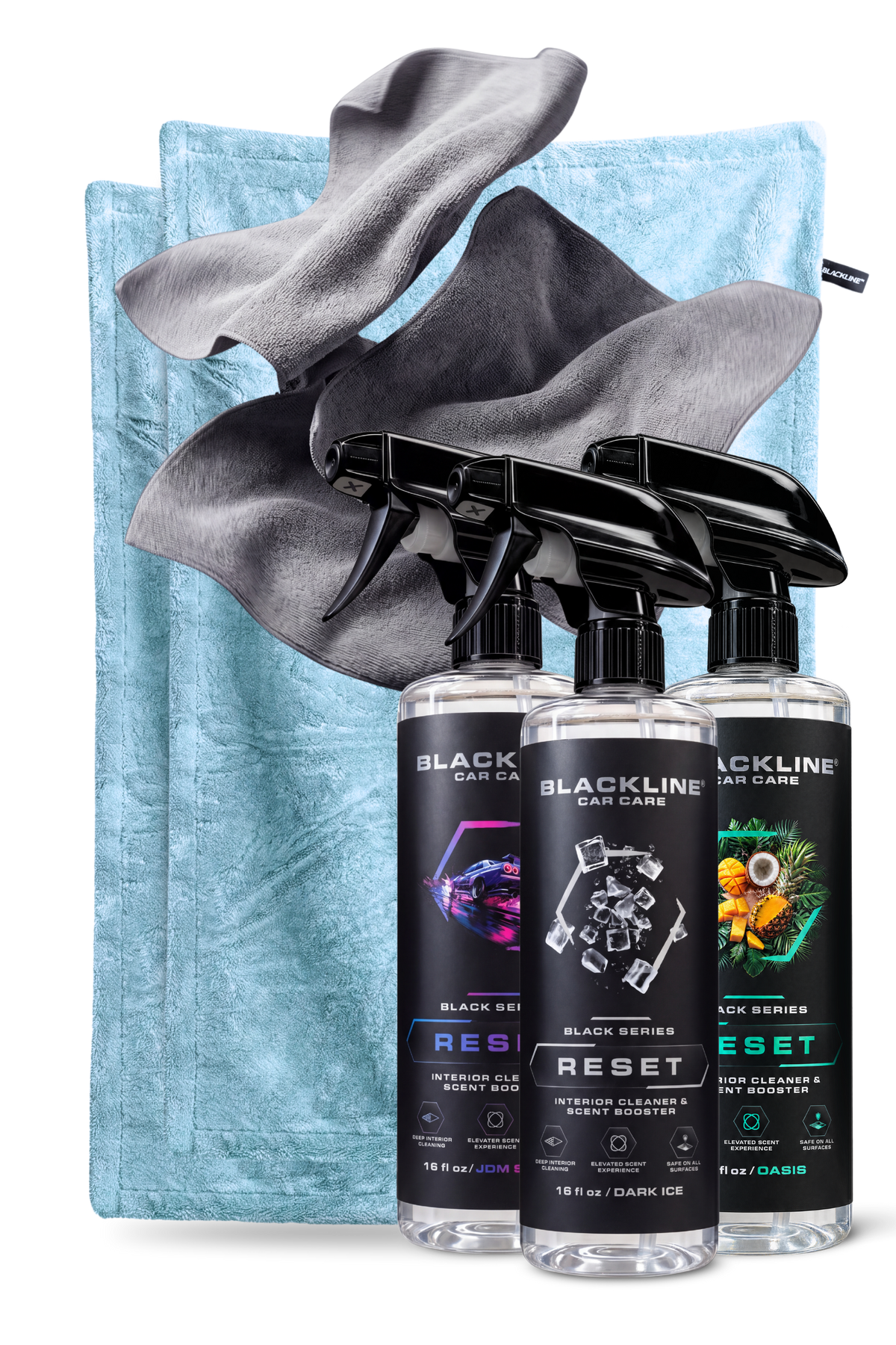 Blackline Glacier drying towel and Fresh Reset interior cleaner bundle on dark background