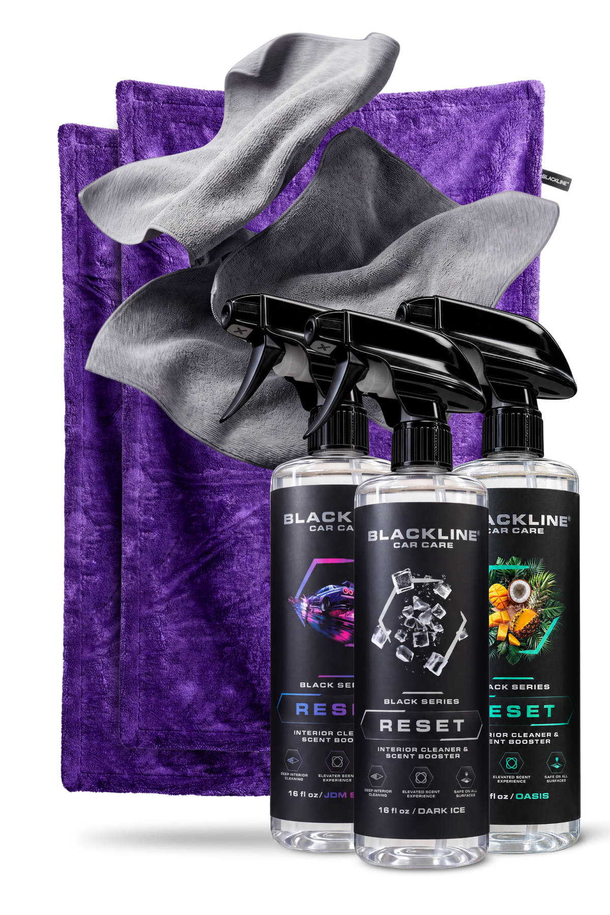 Blackline Midnight drying towel and Fresh Reset interior cleaner bundle on dark background