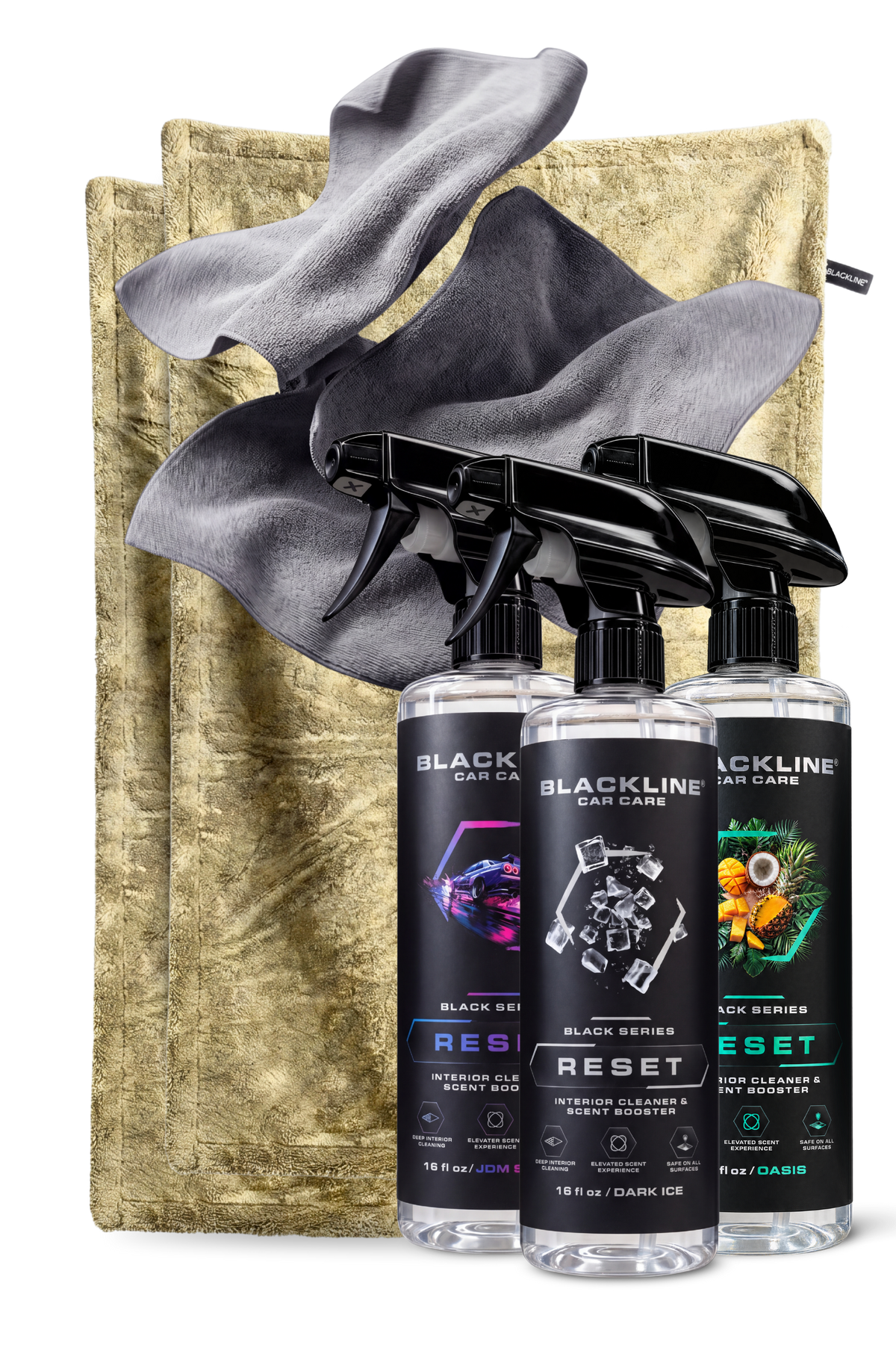 Blackline Sand drying towel and Fresh Reset interior cleaner bundle on dark background