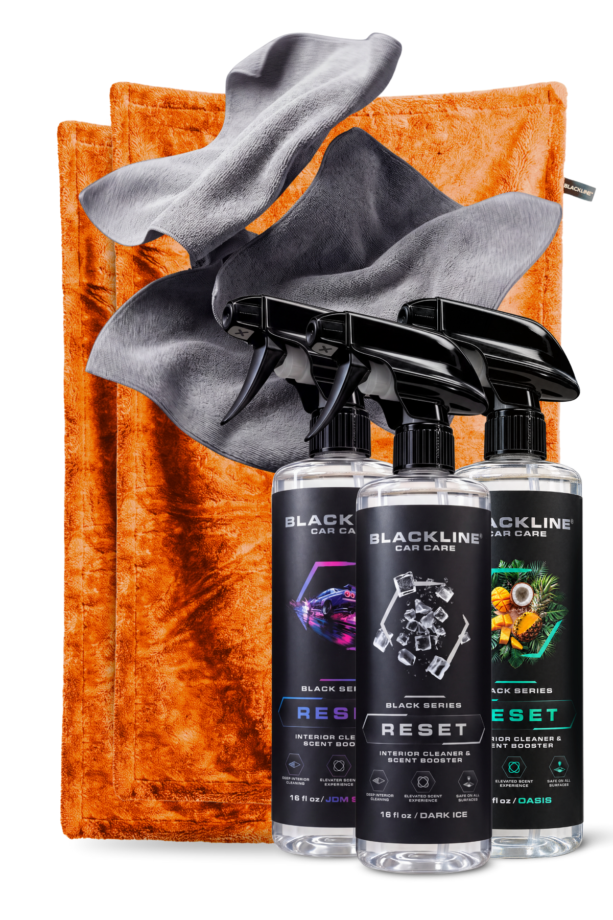 Blackline Velocity drying towel and Fresh Reset interior cleaner bundle on dark background