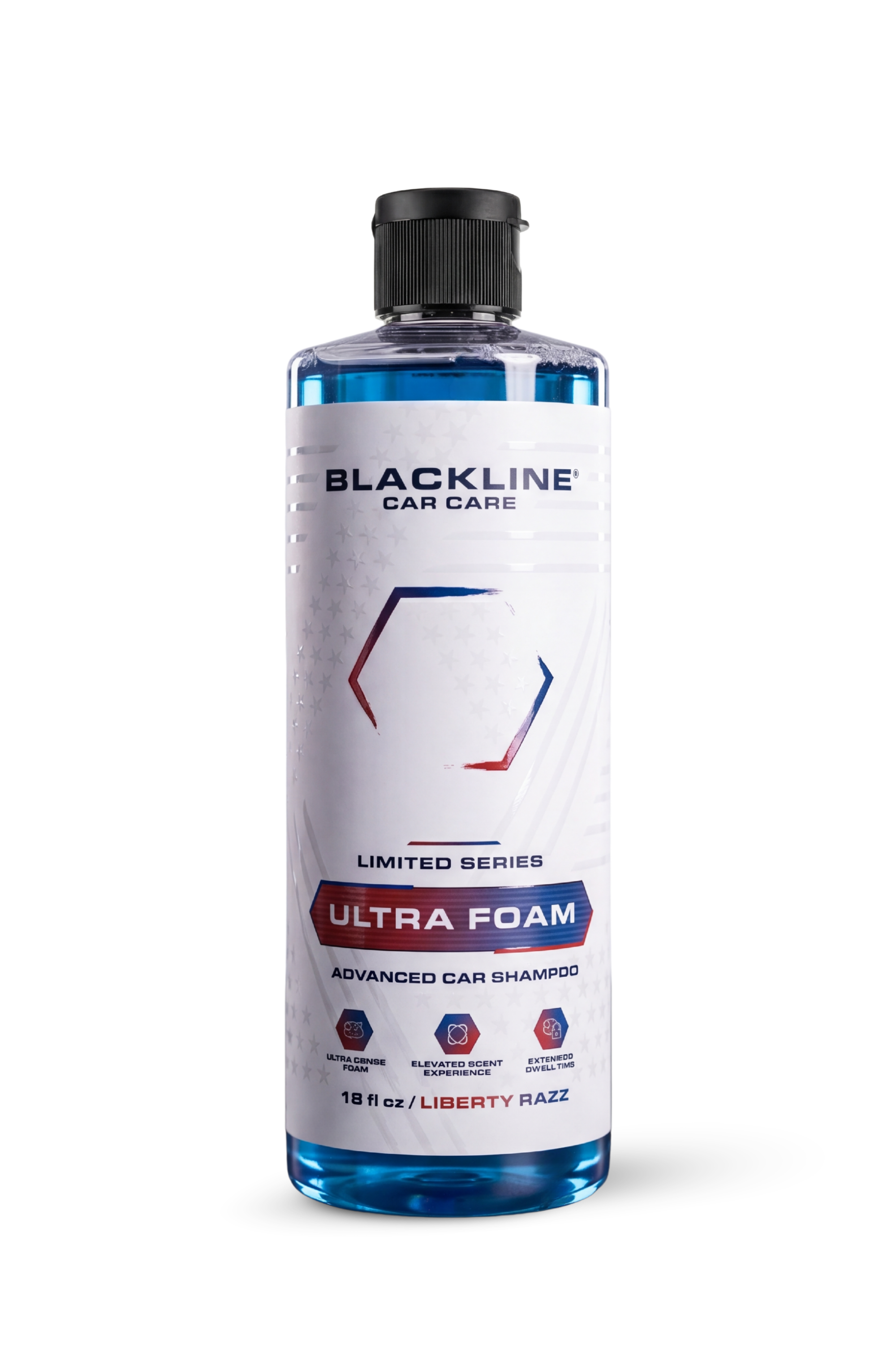 Blackline Ultra Foam car shampoo in Liberty Razz scent, 16oz black bottle with red-tinted liquid visible at the top.