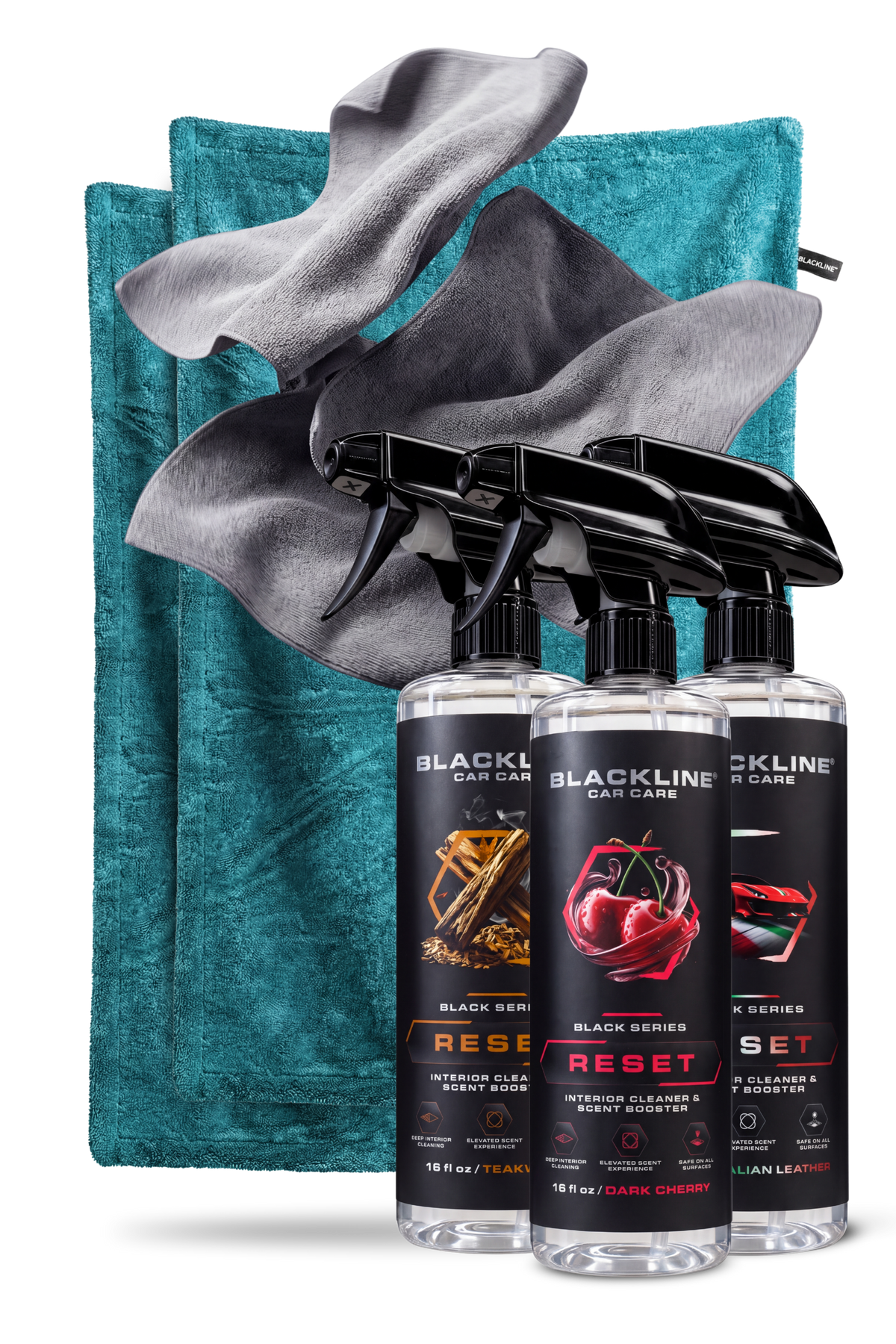 Blackline Aqua drying towel and Rich Reset interior cleaner bundle on dark background