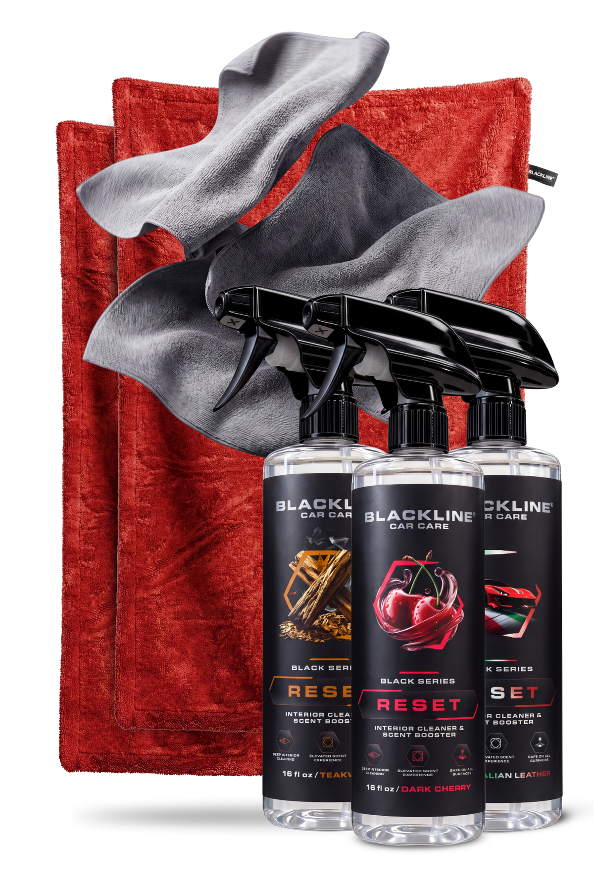 Blackline Crimson drying towel and Rich Reset interior cleaner bundle on dark background