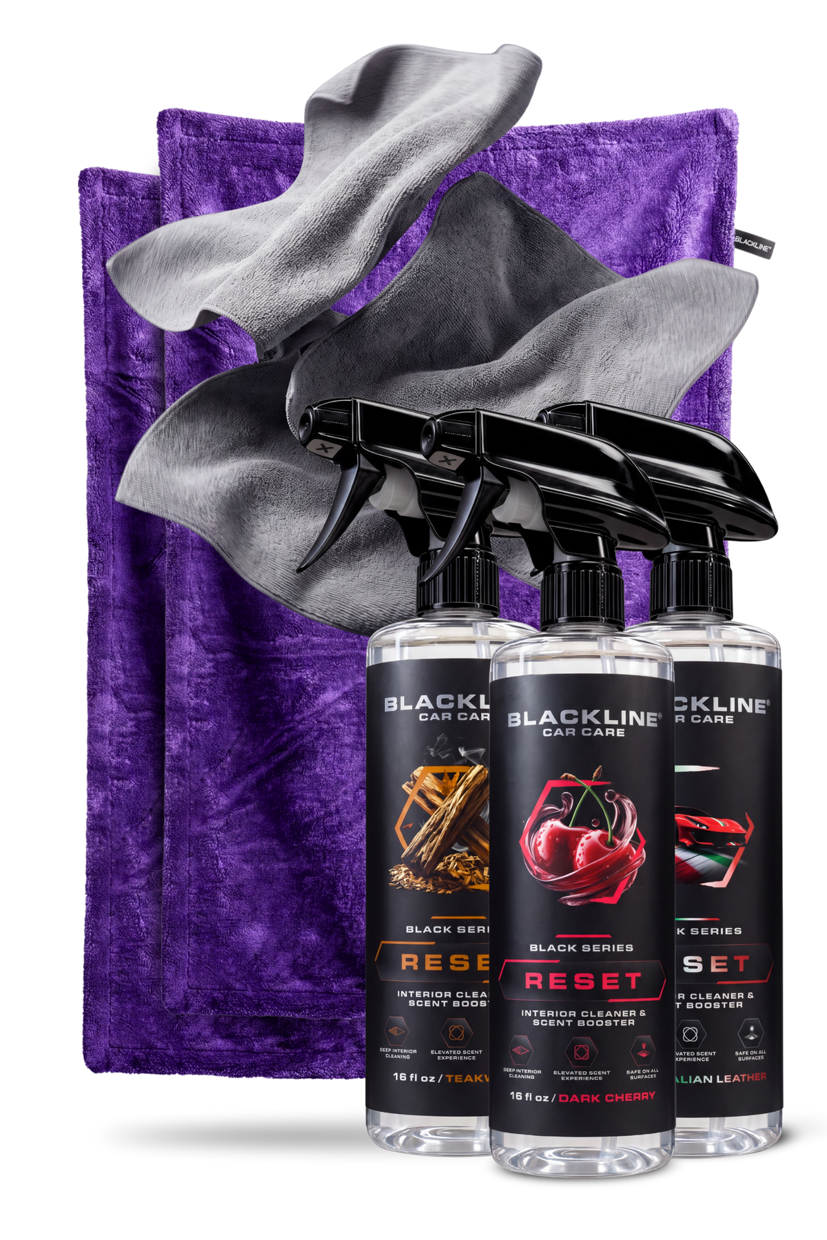 Blackline Midnight drying towel and Rich Reset interior cleaner bundle on dark background