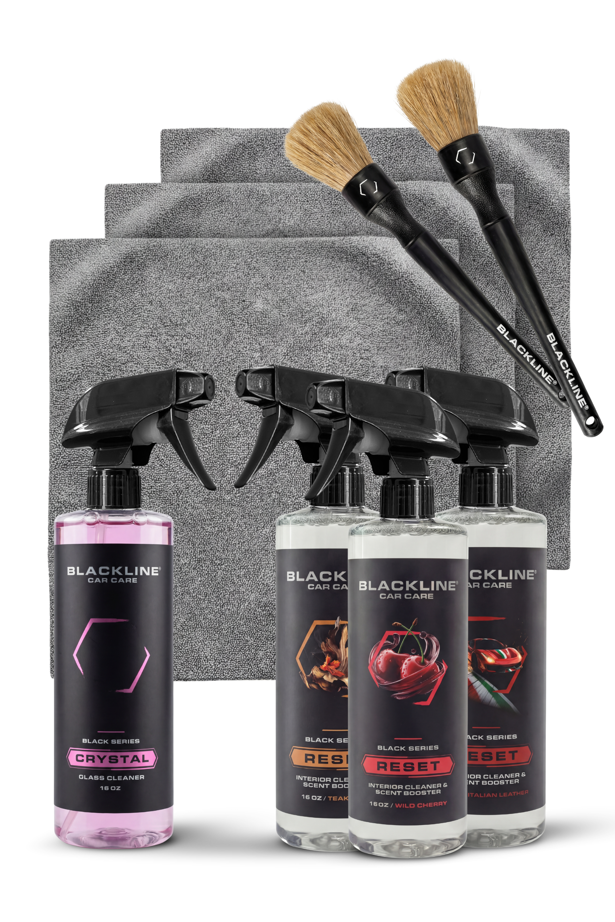 Blackline Reset 3-Pack Vibes Bundle in Rich scents — three interior cleaner spray bottles.