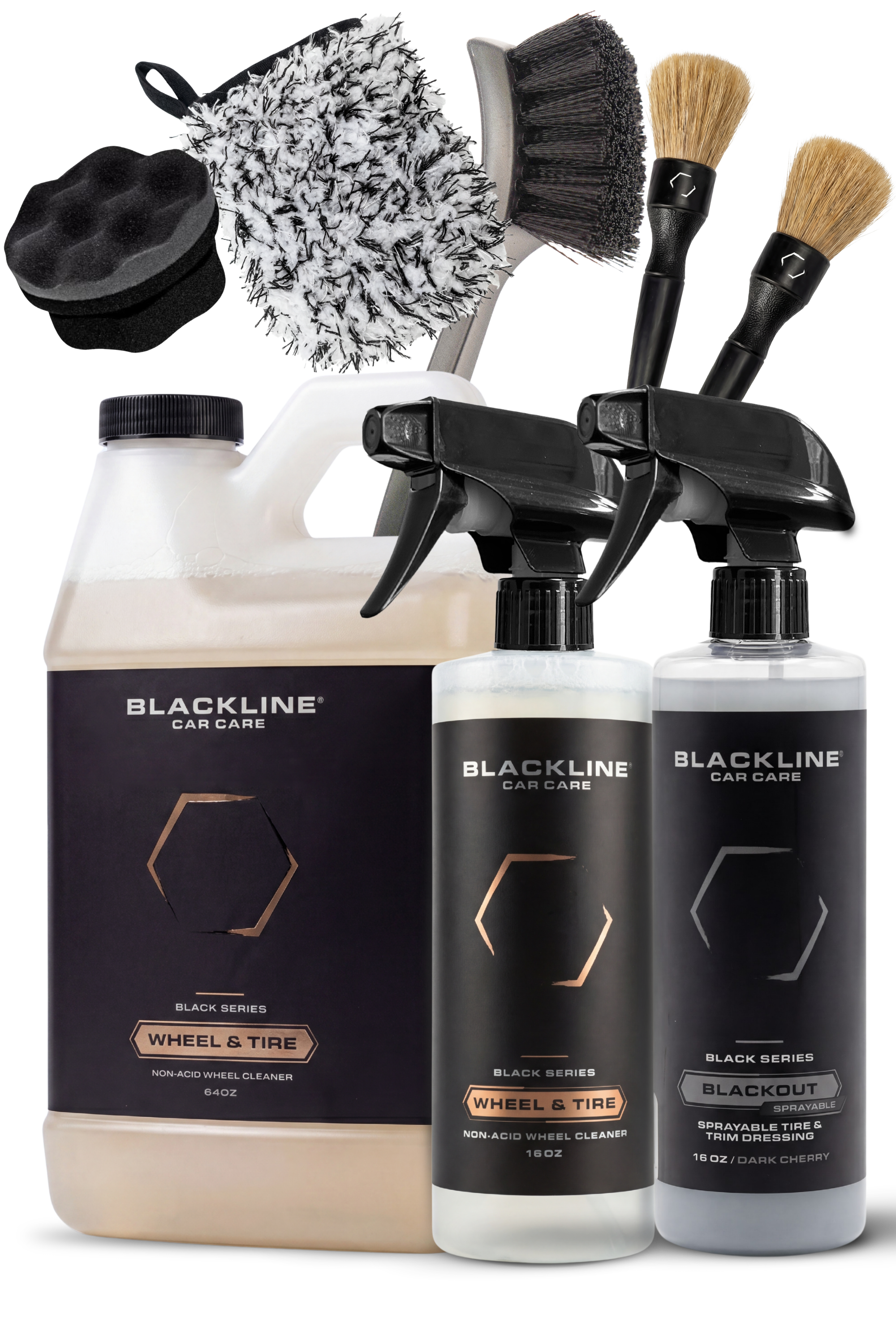 Blackline Blackout Trim & Tire Dressing 16oz sprayable bottle and applicator bundle.