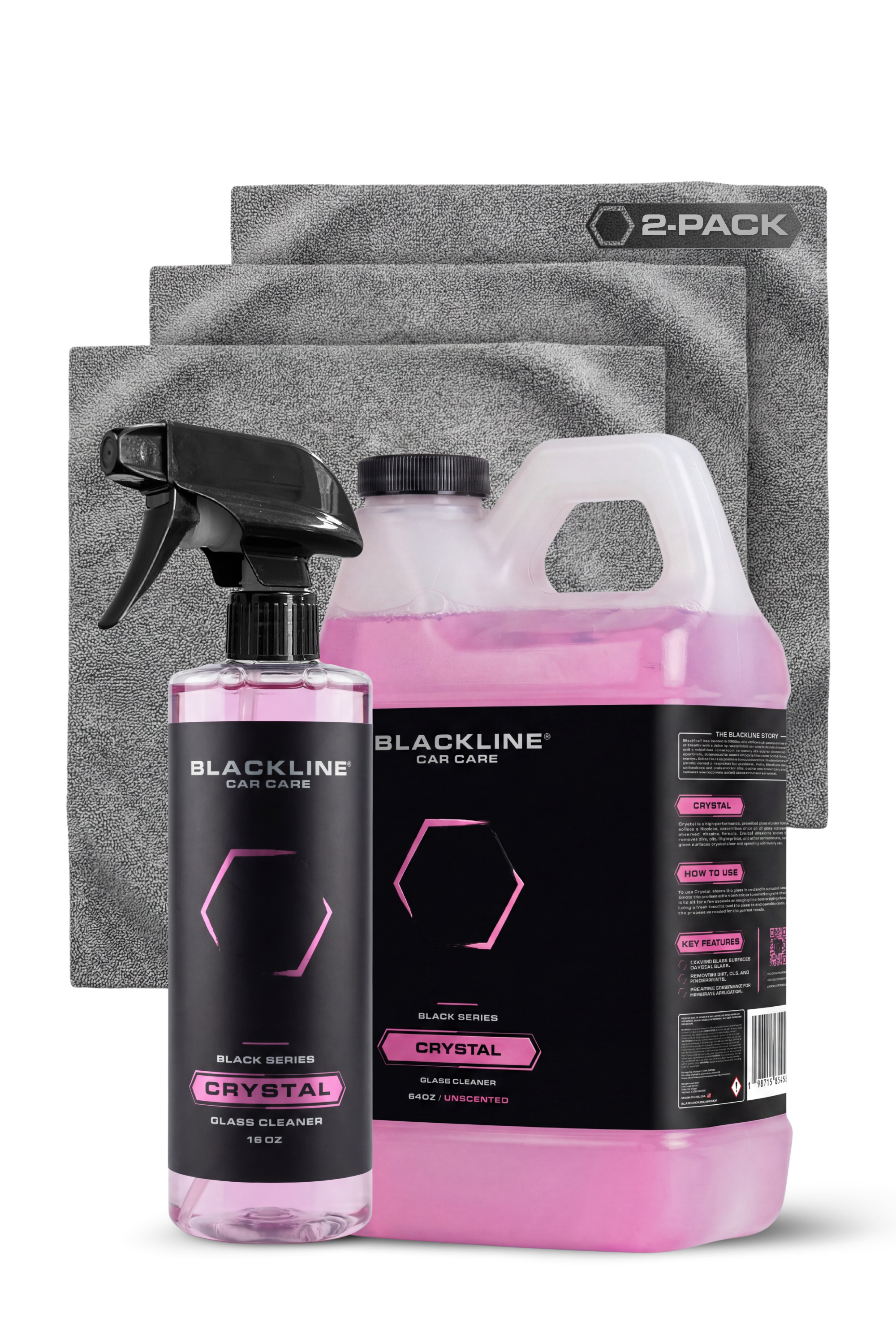 Blackline Crystal Glass Cleaner Ultimate bundle with 16oz spray, 64oz refill, and microfiber towels.