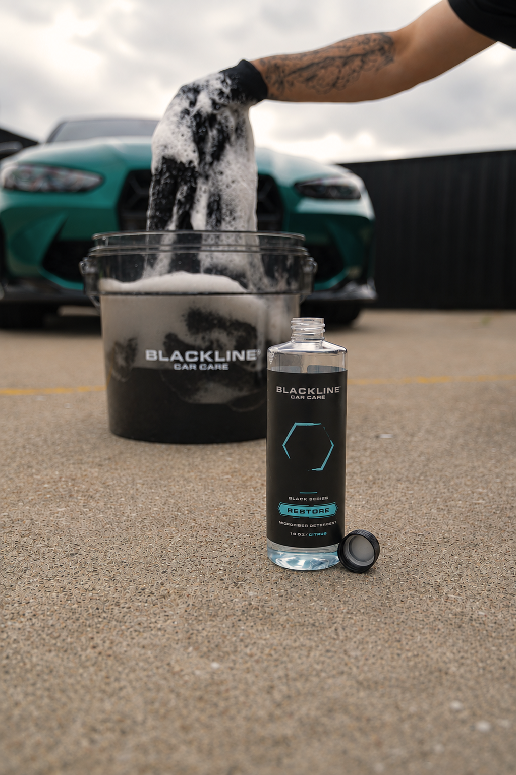 Blackline Restore Microfiber Detergent in use, washing a microfiber detailing towel